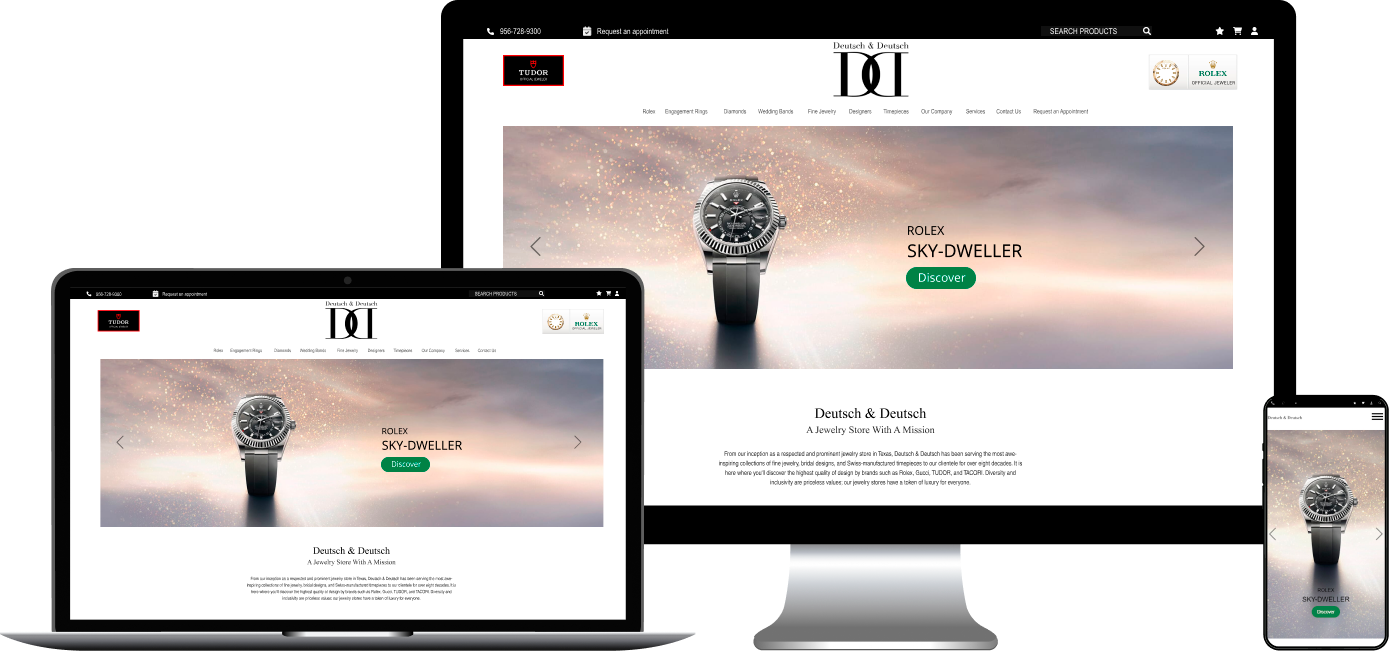 Multiple devices showing a watch store website, featuring various watch models and promotions.