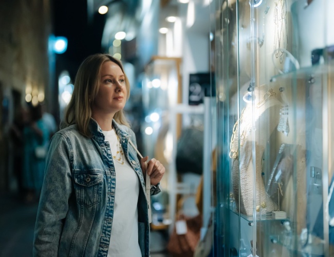 a woman looking at jewelry displays